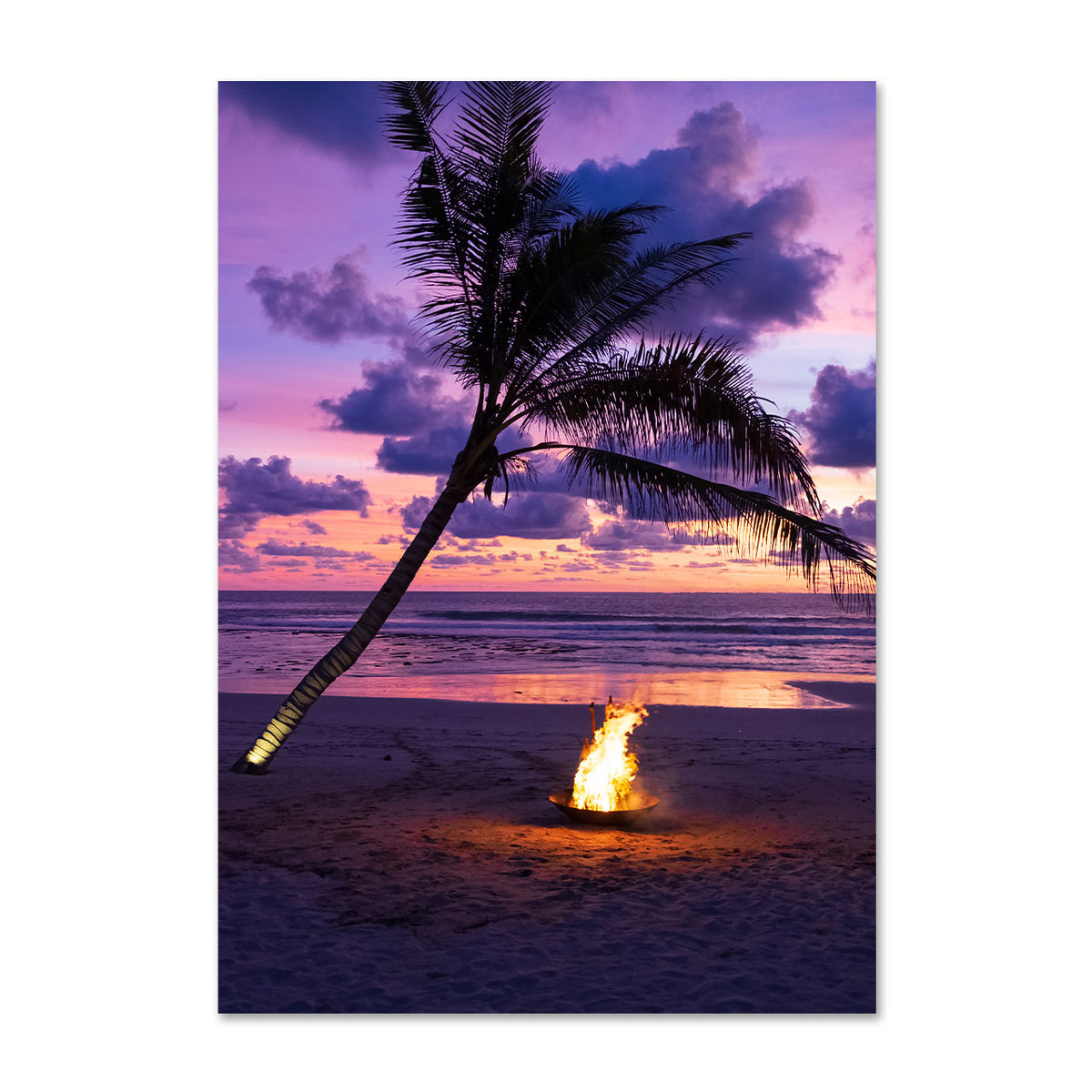 Photo of a fire pit by a palm tree on a beach with a sunset sky.