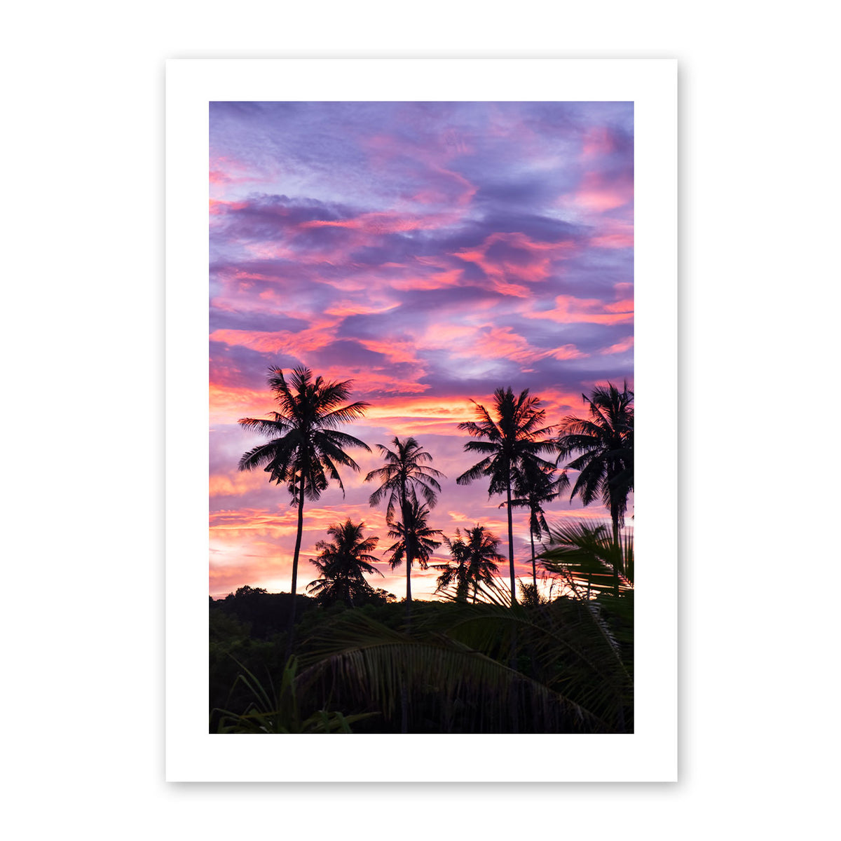 Artwork of palm trees against a vibrant purple and pink sunset sky.