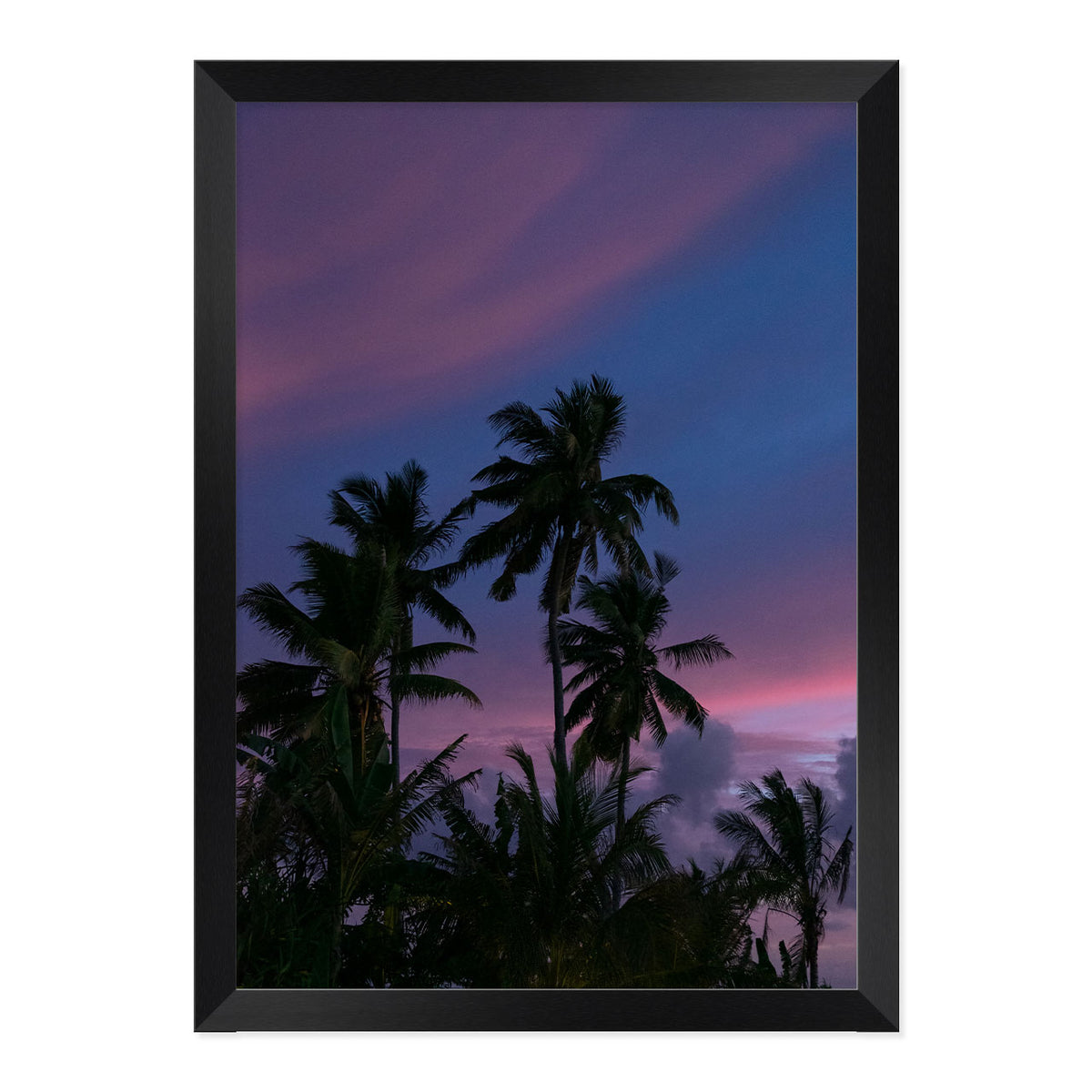 Framed artwork of palm trees against a purple sky