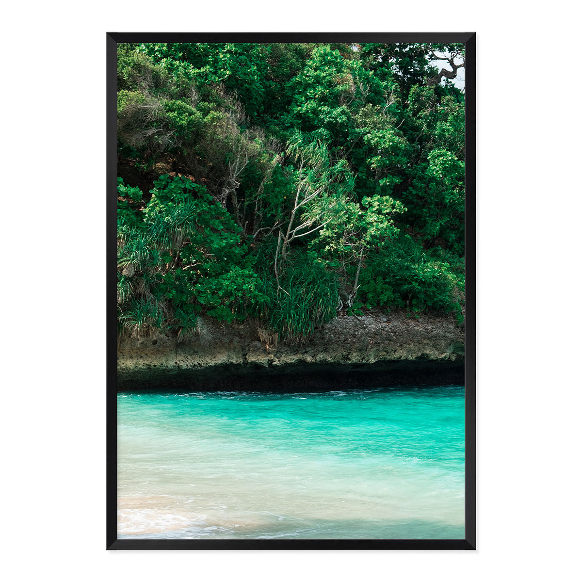 Framed artwork of a tropical landscape with greenery and turquoise water.