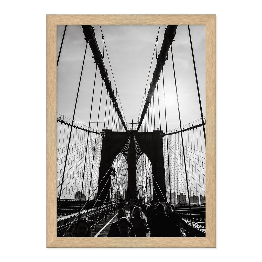 Black & White Brooklyn Bridge Photo Print in A3 Natural Timber Frame