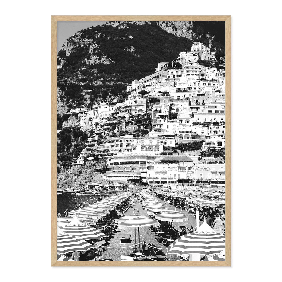 Black & White Positano Beach Photo Print A1 Natural Timber Frame