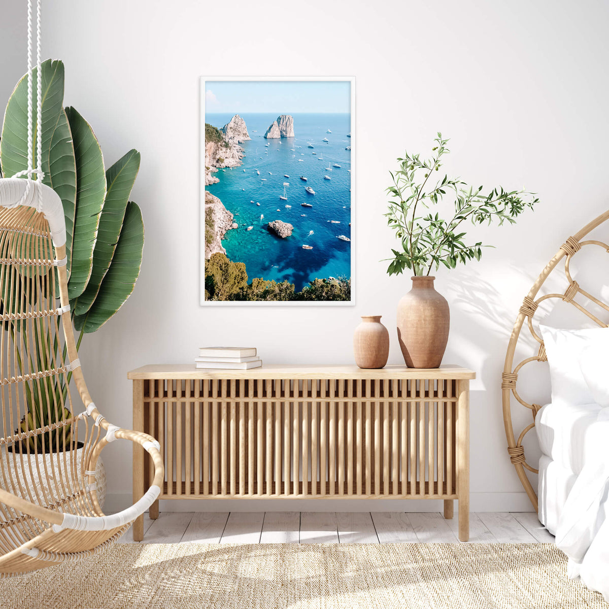 Blue Views Photo Print A1 White Frame in boho bedroom