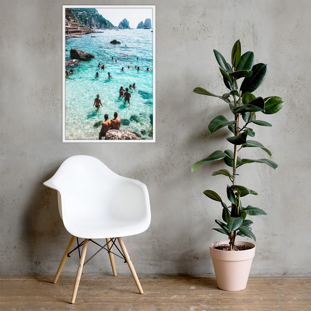 Capri Swimmers Photo Print A1 White Frame with plant and chair