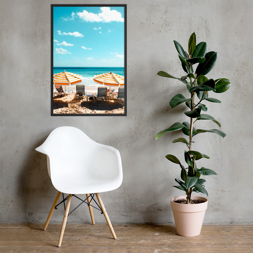 Day at the Beach Photo Print A1 Black Frame with plant and chair